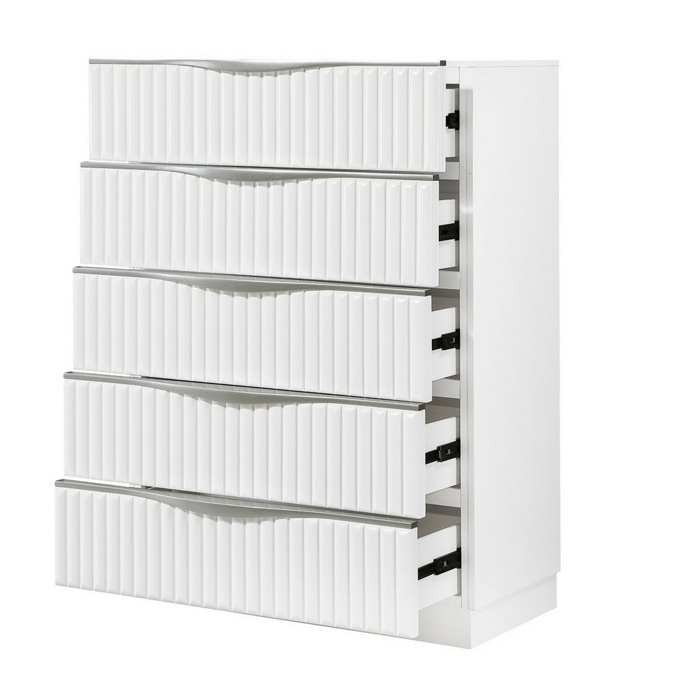 Lon Tall Dresser Chest | 5 Drawers | Edge Handles | Ribbed Front | Pearl White
