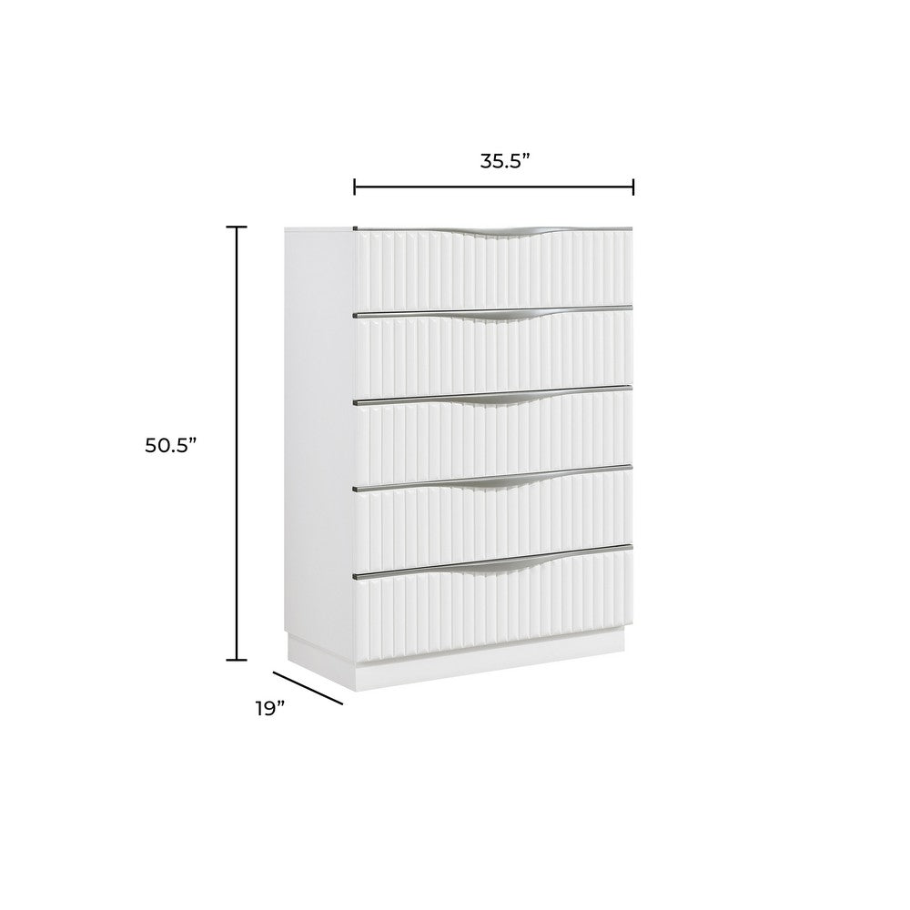 Lon Tall Dresser Chest | 5 Drawers | Edge Handles | Ribbed Front | Pearl White