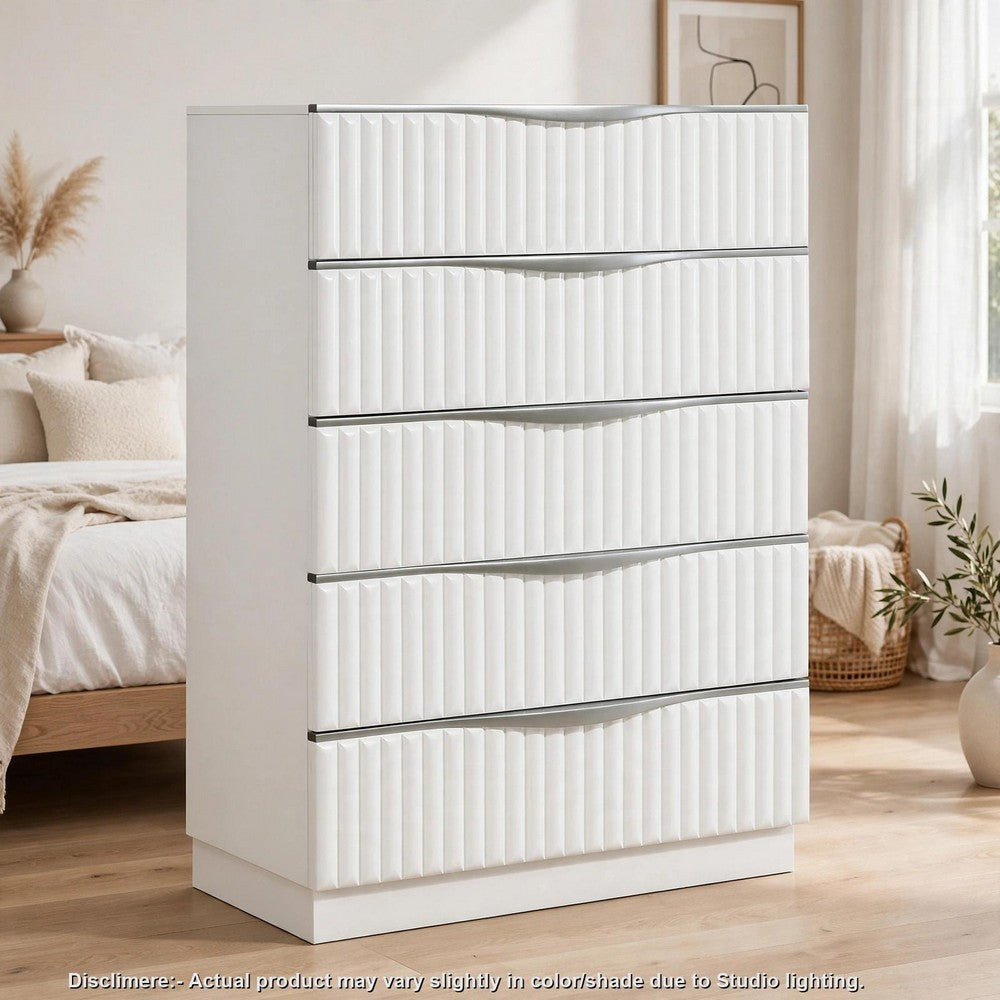 Lon Tall Dresser Chest | 5 Drawers | Edge Handles | Ribbed Front | Pearl White
