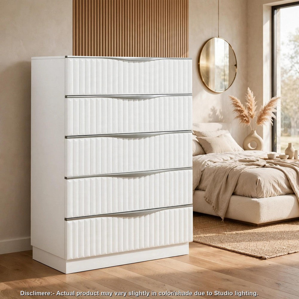 Lon Tall Dresser Chest | 5 Drawers | Edge Handles | Ribbed Front | Pearl White