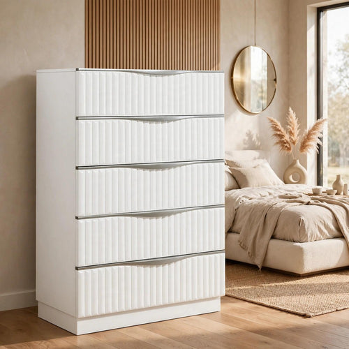 Lon Tall Dresser Chest | 5 Drawers | Edge Handles | Ribbed Front | Pearl White