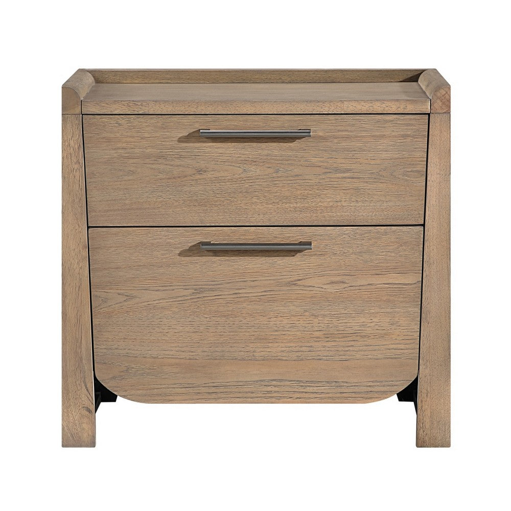 Rex Nightstand | 2 Drawers | Tray Top | Curved Bottom | Brown Hickory Veneer