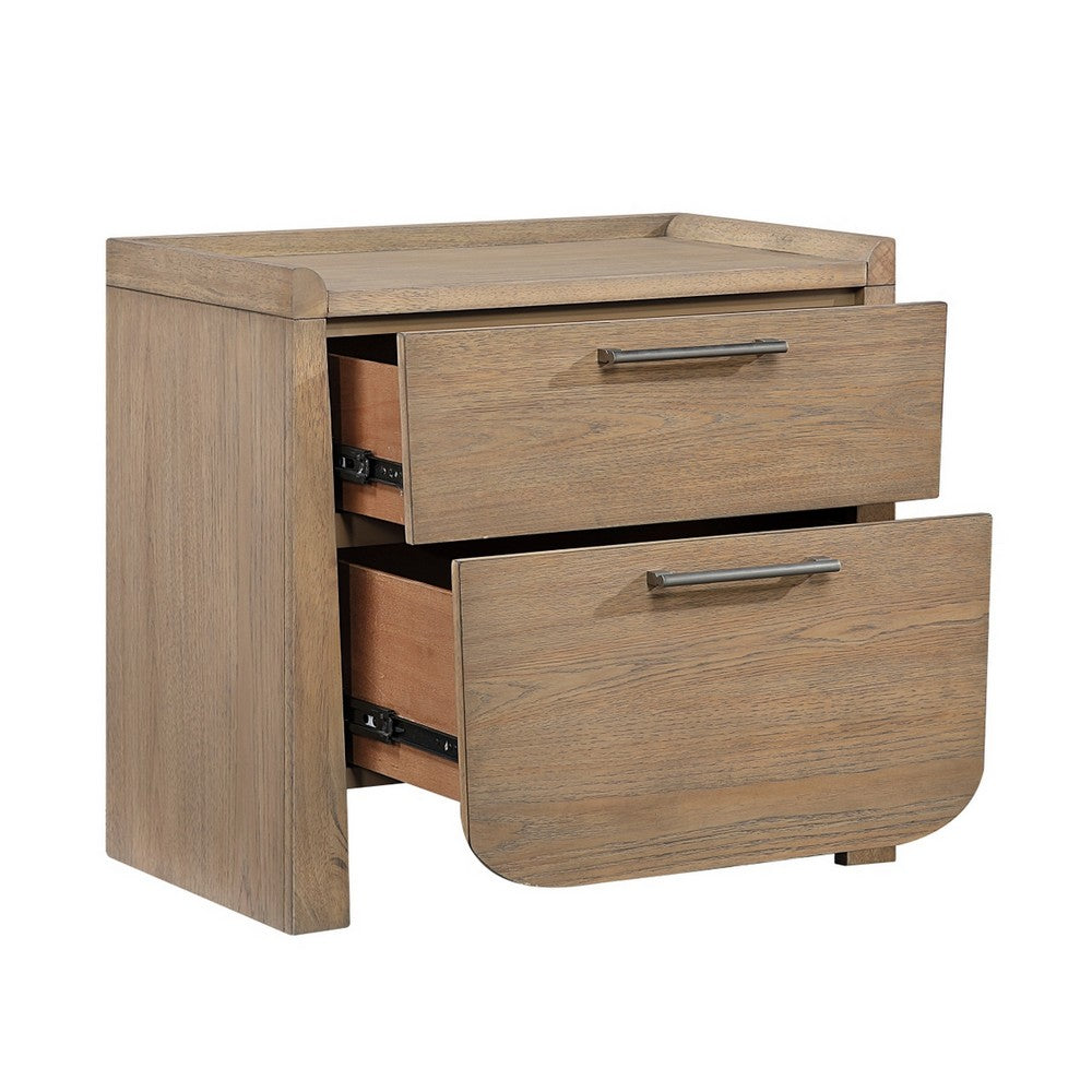 Rex Nightstand | 2 Drawers | Tray Top | Curved Bottom | Brown Hickory Veneer