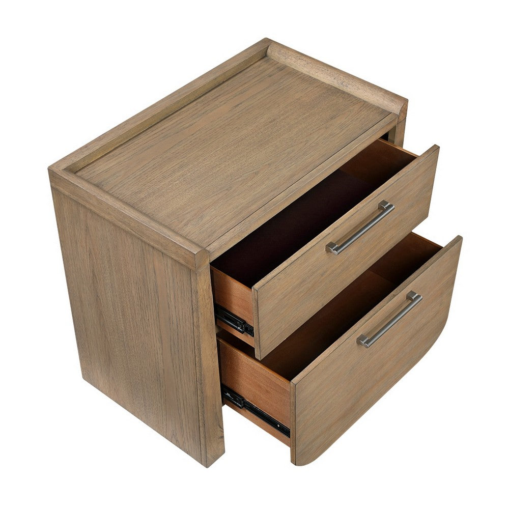 Rex Nightstand | 2 Drawers | Tray Top | Curved Bottom | Brown Hickory Veneer