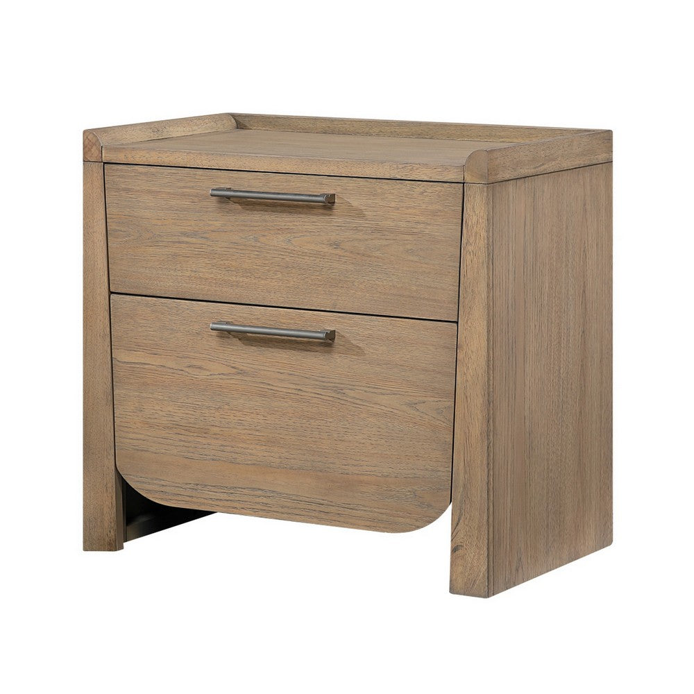 Rex Nightstand | 2 Drawers | Tray Top | Curved Bottom | Brown Hickory Veneer