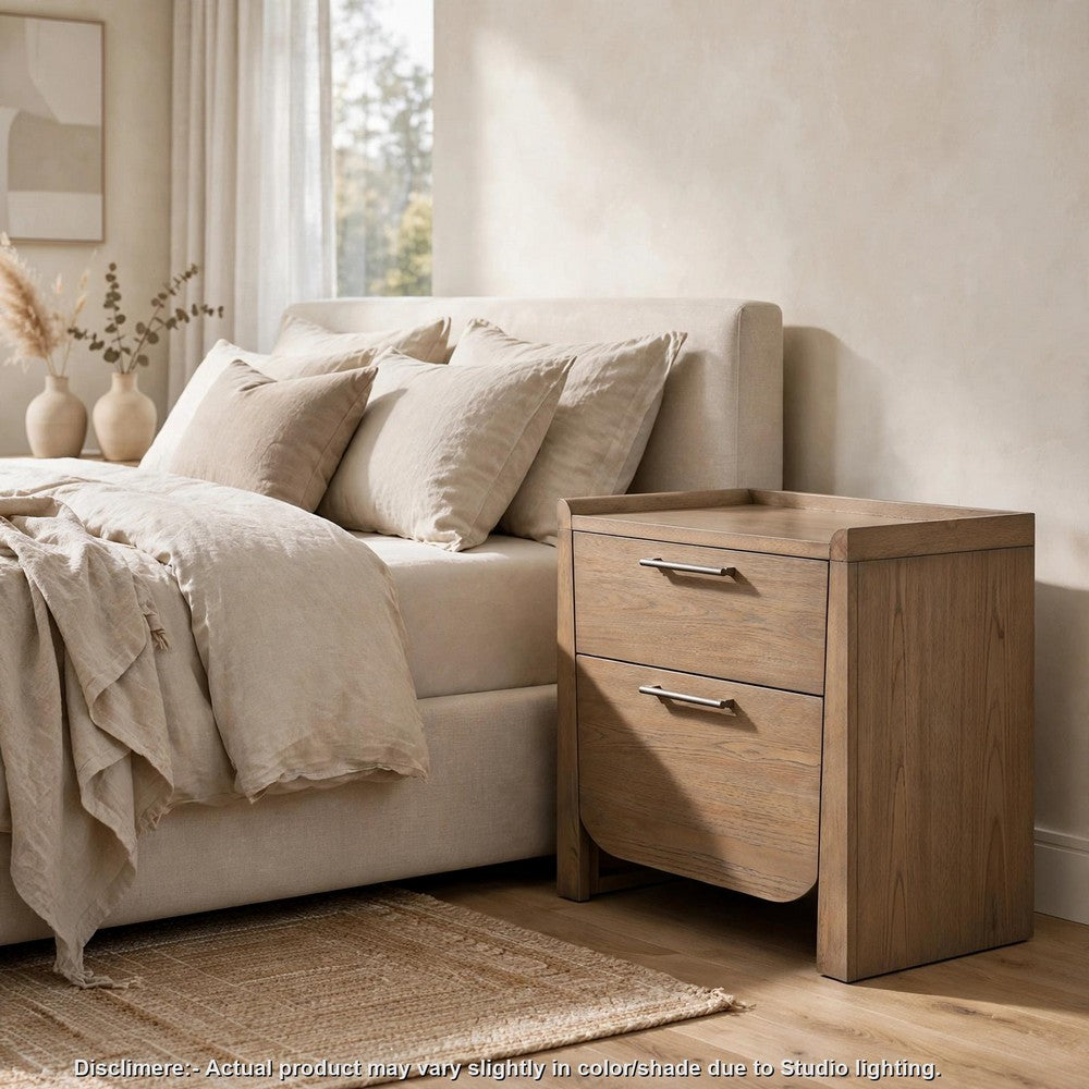 Rex Nightstand | 2 Drawers | Tray Top | Curved Bottom | Brown Hickory Veneer