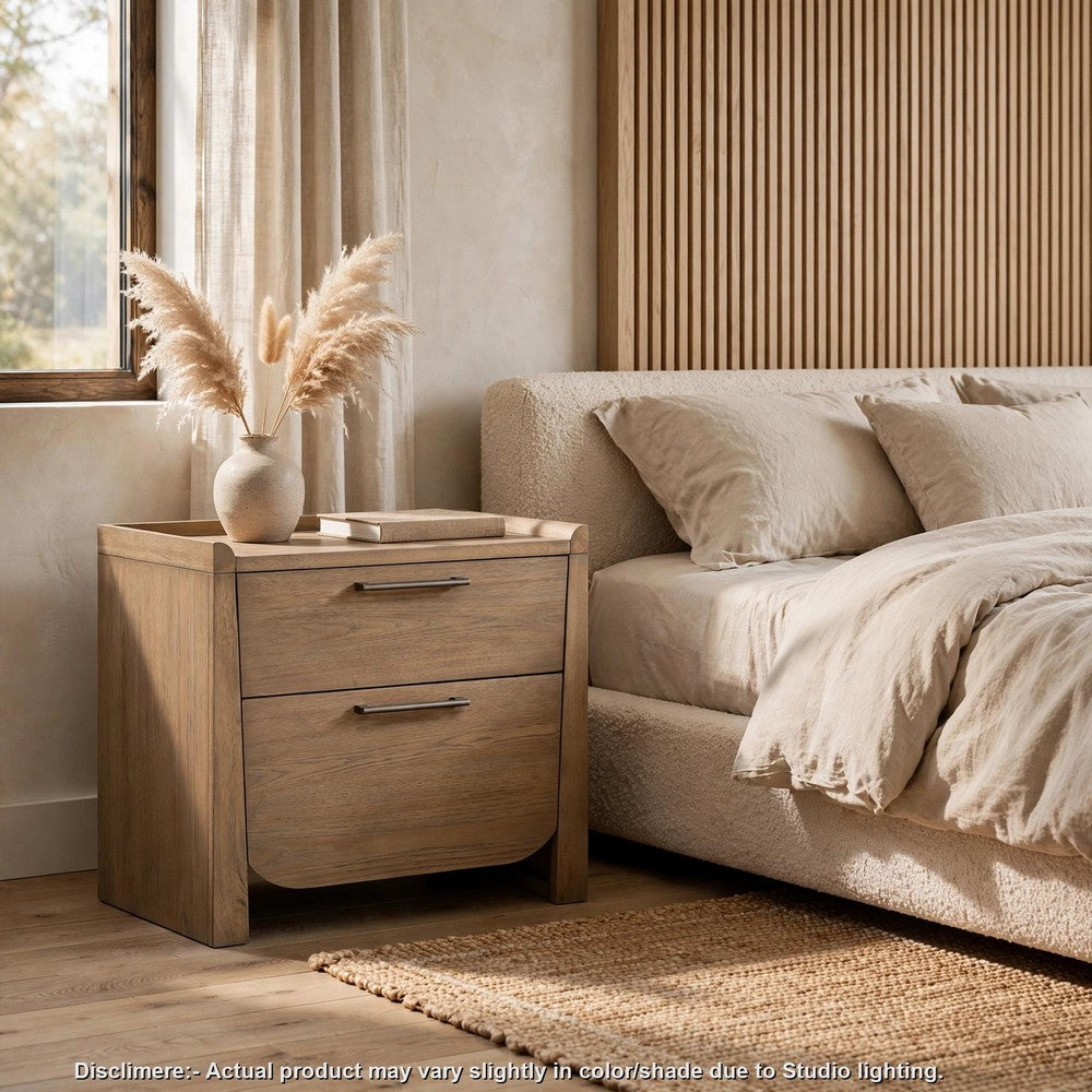 Rex Nightstand | 2 Drawers | Tray Top | Curved Bottom | Brown Hickory Veneer