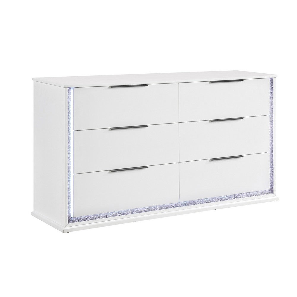 Luma Wide Dresser w LED | 6 Drawers | Metallic Silver-Gray Trim | White