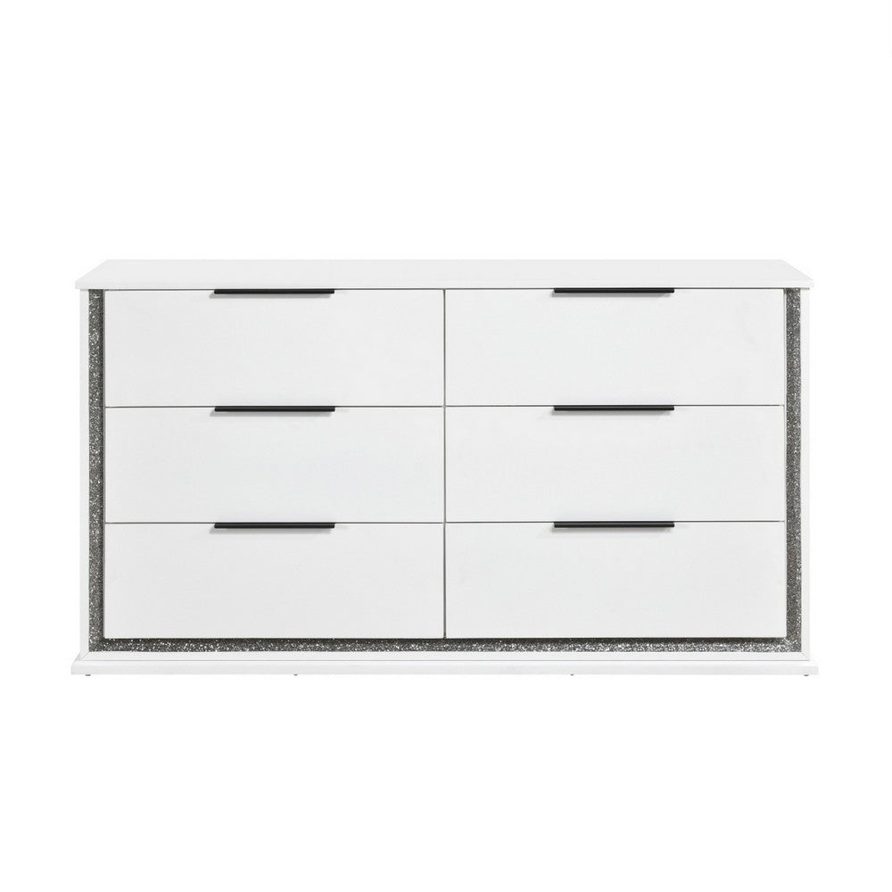 Luma Wide Dresser w LED | 6 Drawers | Metallic Silver-Gray Trim | White