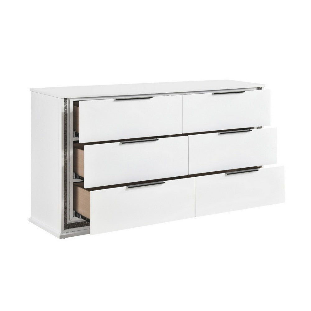 Luma Wide Dresser w LED | 6 Drawers | Metallic Silver-Gray Trim | White
