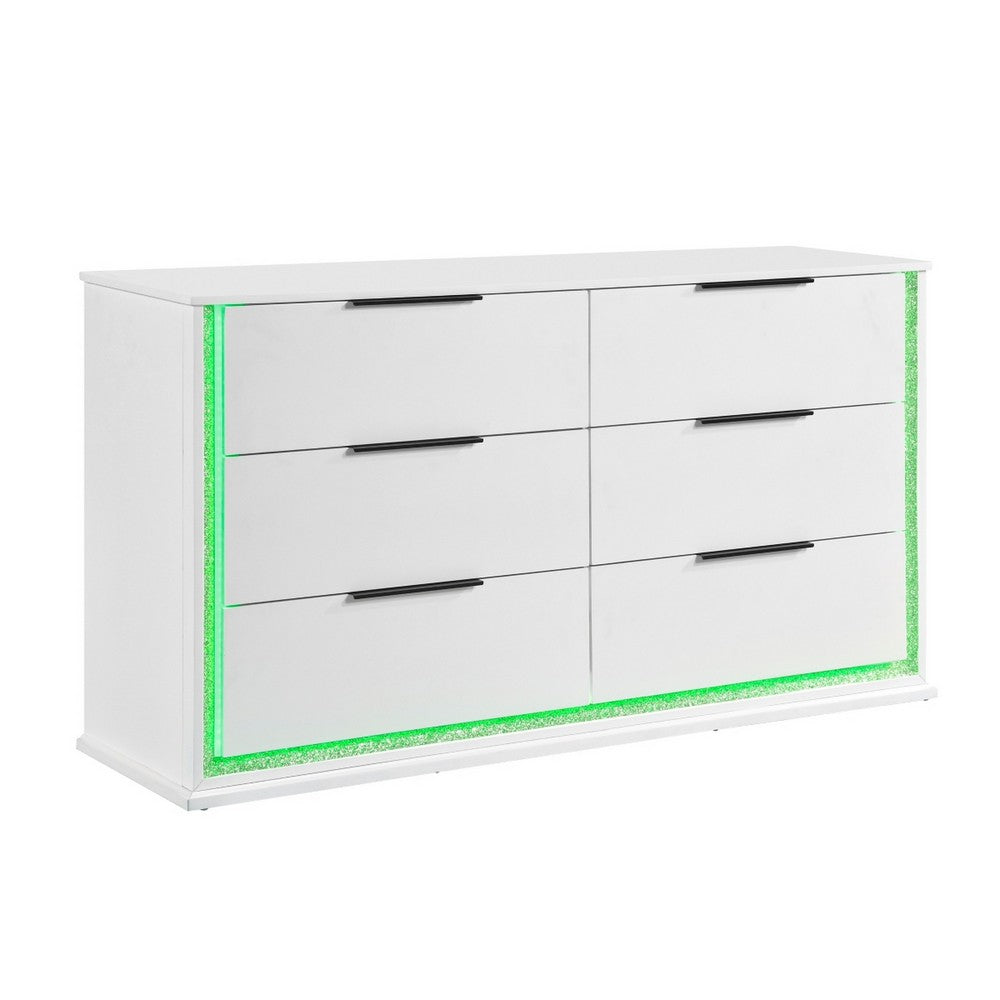 Luma Wide Dresser w LED | 6 Drawers | Metallic Silver-Gray Trim | White
