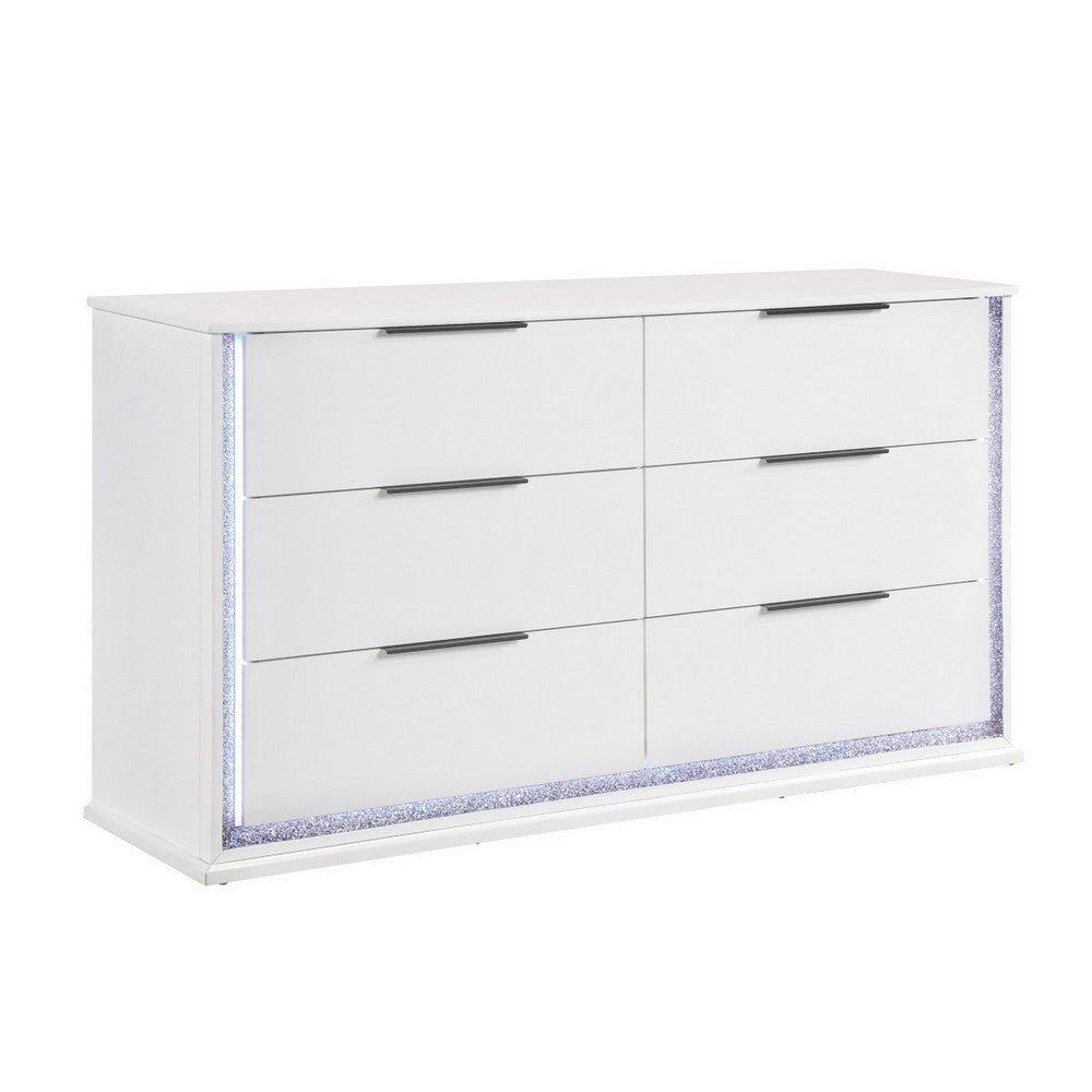 Luma Wide Dresser w LED | 6 Drawers | Metallic Silver-Gray Trim | White