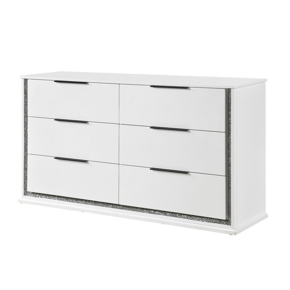 Luma Wide Dresser w LED | 6 Drawers | Metallic Silver-Gray Trim | White