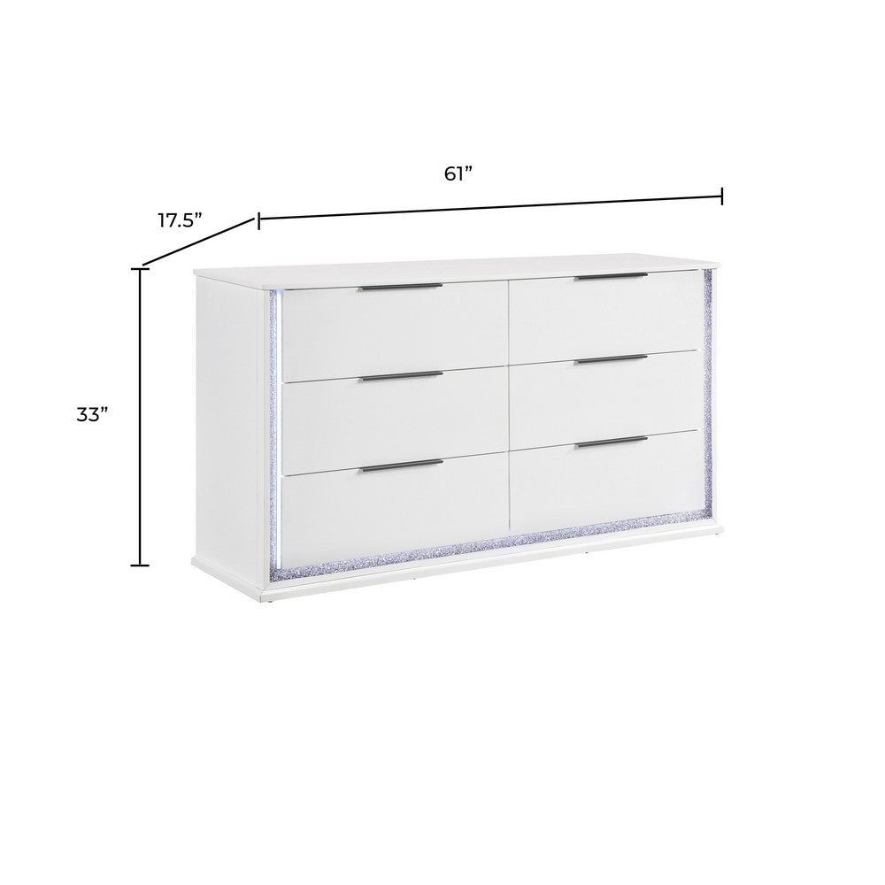 Luma Wide Dresser w LED | 6 Drawers | Metallic Silver-Gray Trim | White