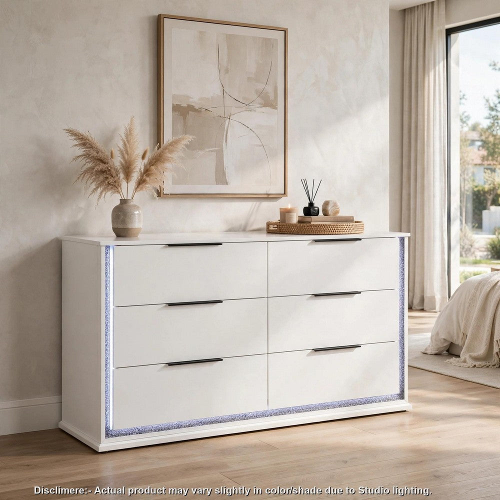 Luma Wide Dresser w LED | 6 Drawers | Metallic Silver-Gray Trim | White