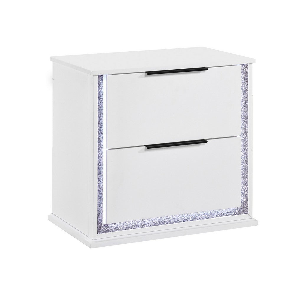 Luma Nightstand w LED | 2 Drawers | Metallic Silver-Gray Trim | White Wood