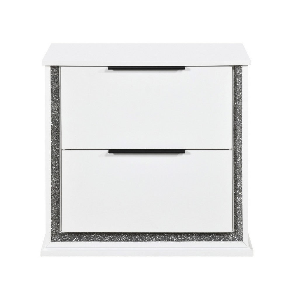Luma Nightstand w LED | 2 Drawers | Metallic Silver-Gray Trim | White Wood