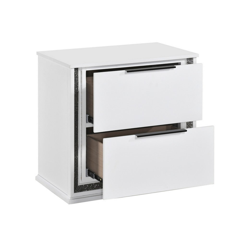 Luma Nightstand w LED | 2 Drawers | Metallic Silver-Gray Trim | White Wood