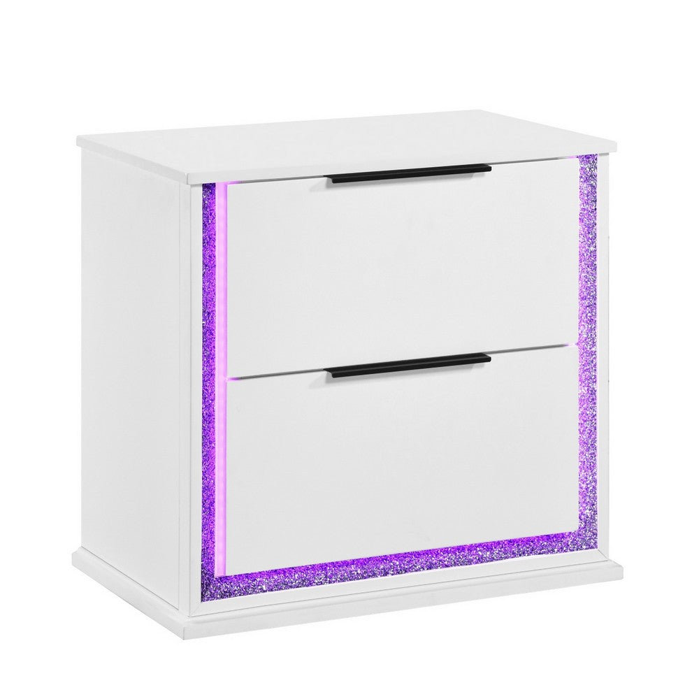 Luma Nightstand w LED | 2 Drawers | Metallic Silver-Gray Trim | White Wood