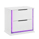 Luma Nightstand w LED | 2 Drawers | Metallic Silver-Gray Trim | White Wood