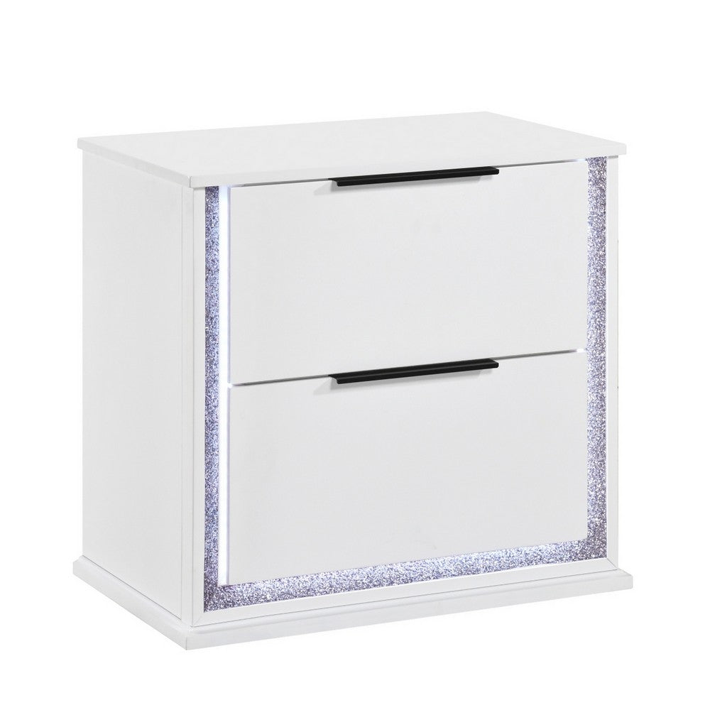 Luma Nightstand w LED | 2 Drawers | Metallic Silver-Gray Trim | White Wood