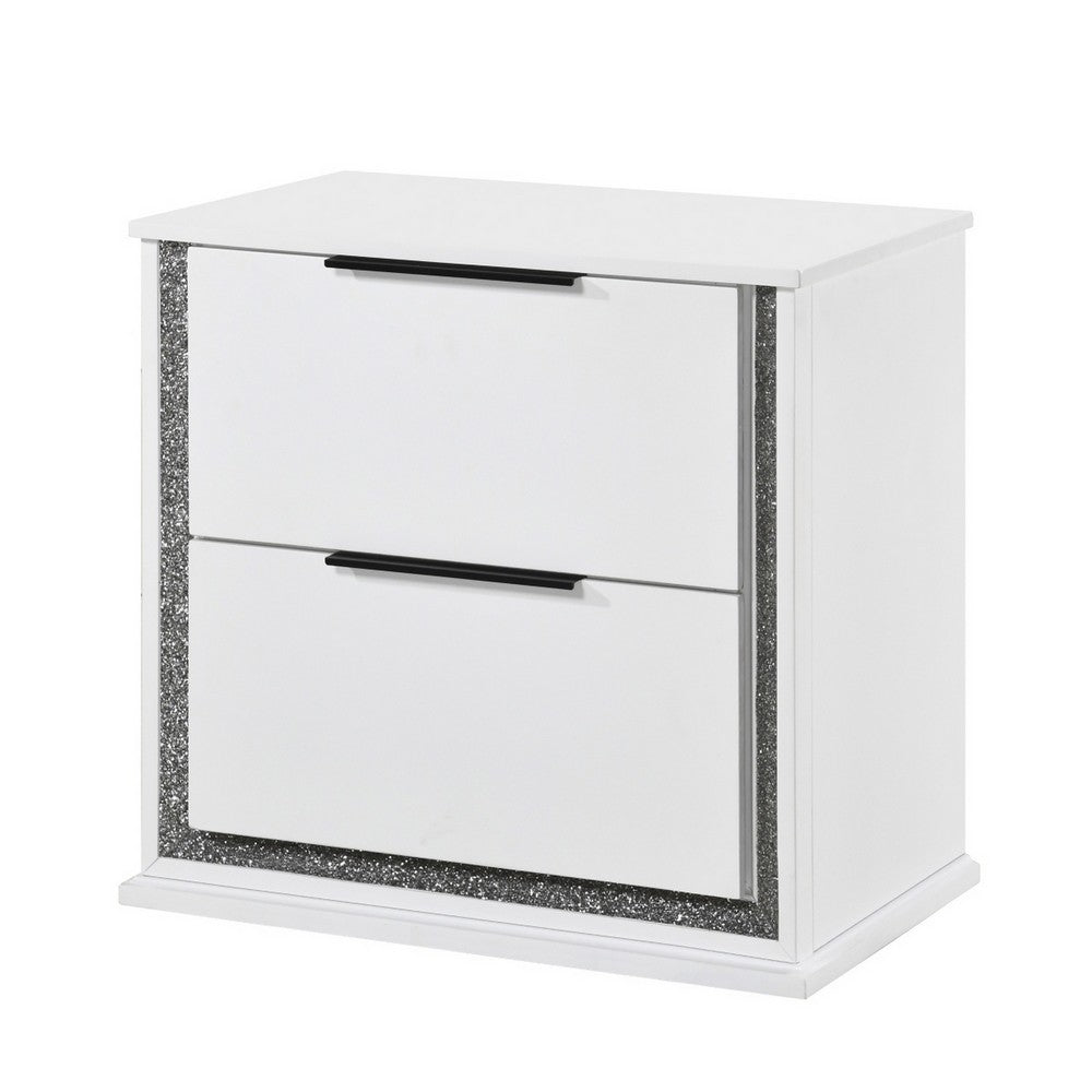 Luma Nightstand w LED | 2 Drawers | Metallic Silver-Gray Trim | White Wood
