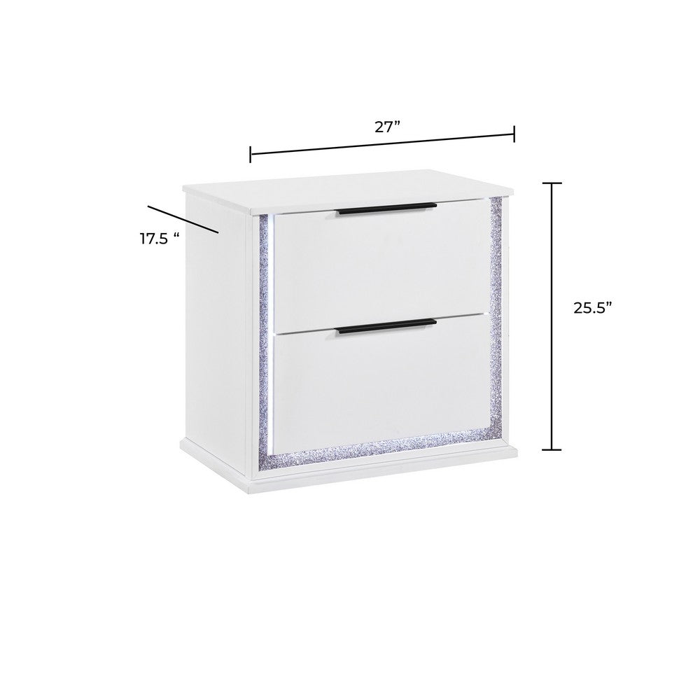 Luma Nightstand w LED | 2 Drawers | Metallic Silver-Gray Trim | White Wood