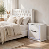 Luma Nightstand w LED | 2 Drawers | Metallic Silver-Gray Trim | White Wood