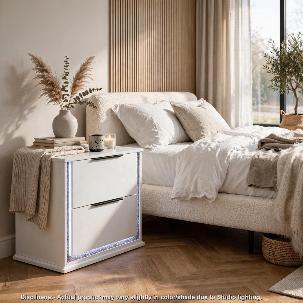 Luma Nightstand w LED | 2 Drawers | Metallic Silver-Gray Trim | White Wood