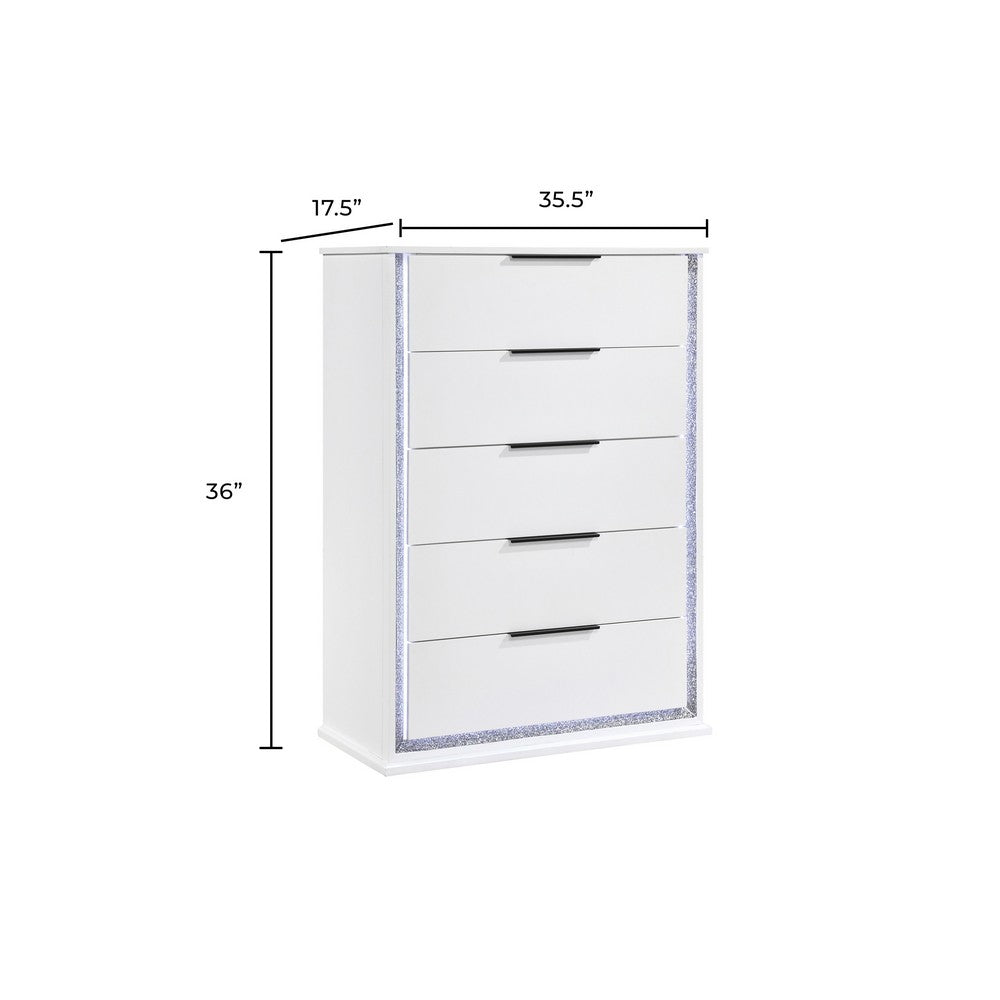 Luma Tall Dresser Chest w LED | 5 Drawers | Metallic Silver-Gray Trim | White