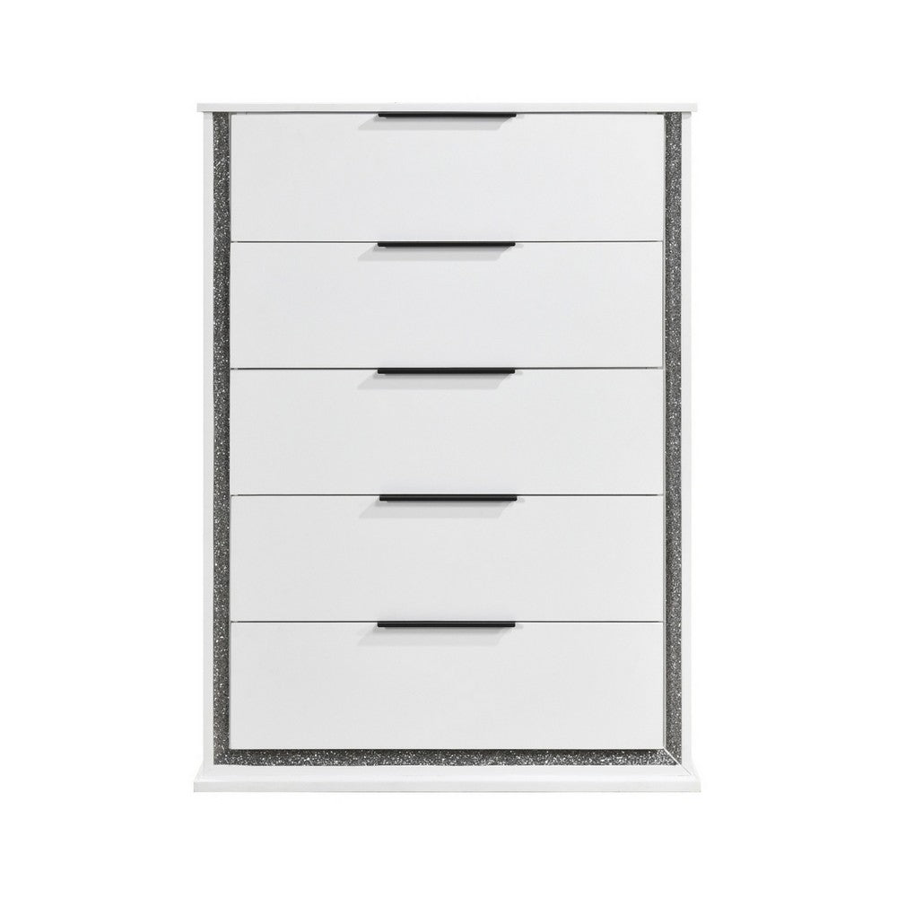 Luma Tall Dresser Chest w LED | 5 Drawers | Metallic Silver-Gray Trim | White
