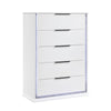 Luma Tall Dresser Chest w LED | 5 Drawers | Metallic Silver-Gray Trim | White
