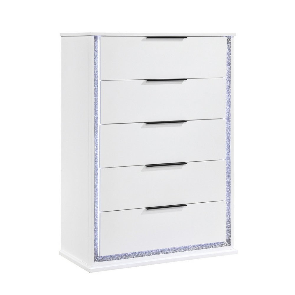 Luma Tall Dresser Chest w LED | 5 Drawers | Metallic Silver-Gray Trim | White