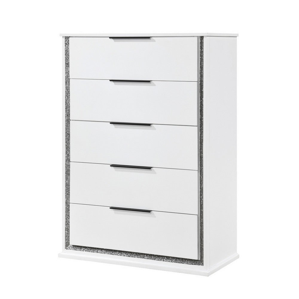 Luma Tall Dresser Chest w LED | 5 Drawers | Metallic Silver-Gray Trim | White