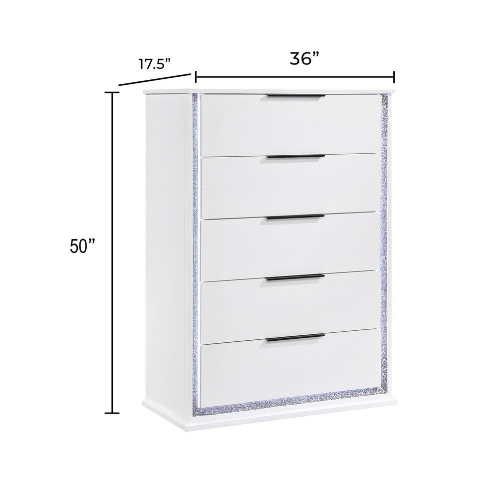 Luma Tall Dresser Chest w LED | 5 Drawers | Metallic Silver-Gray Trim | White