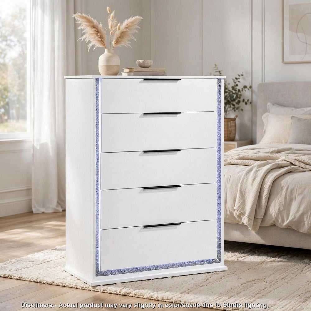 Luma Tall Dresser Chest w LED | 5 Drawers | Metallic Silver-Gray Trim | White