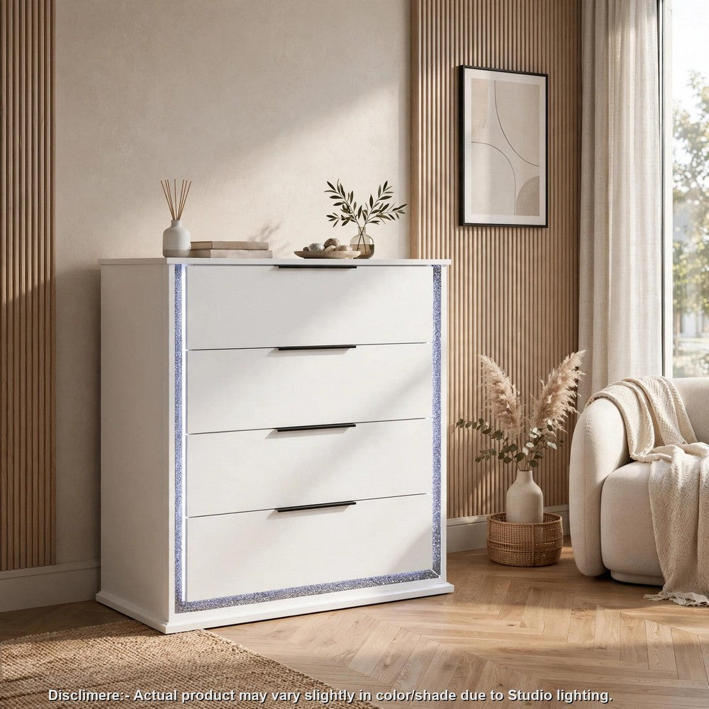 Luma Tall Dresser Chest w LED | 5 Drawers | Metallic Silver-Gray Trim | White