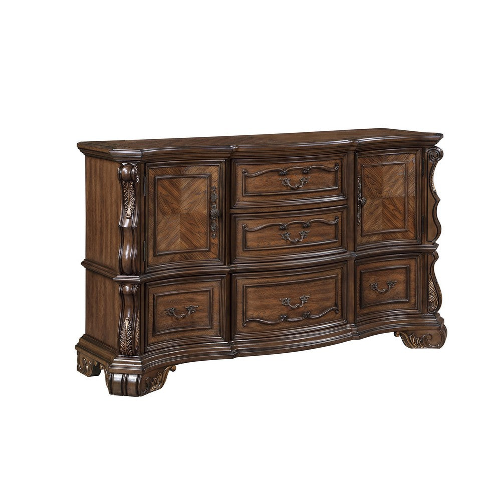 Gony Wide Dresser | 5 Drawers | 2 Cabinets | Traditional Carving | Dark Brown