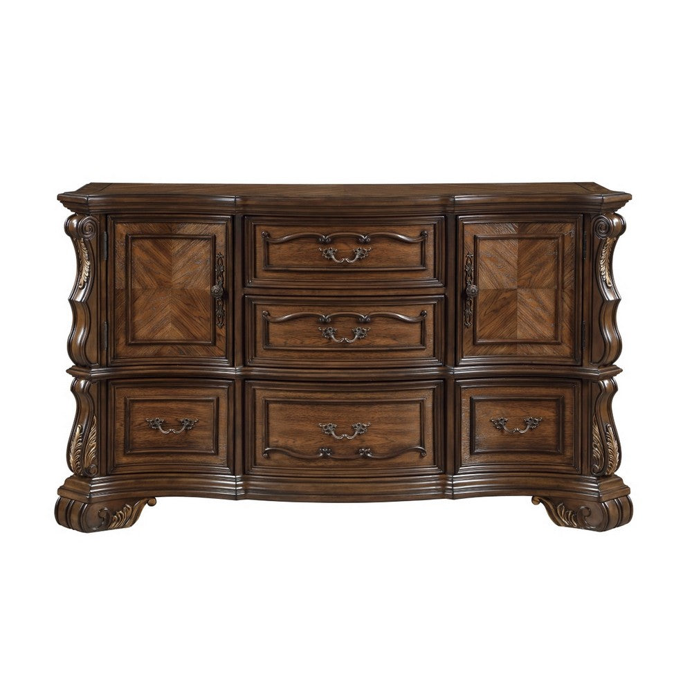 Gony Wide Dresser | 5 Drawers | 2 Cabinets | Traditional Carving | Dark Brown