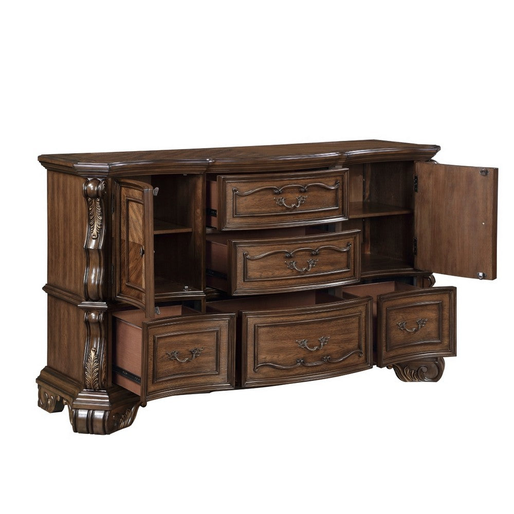 Gony Wide Dresser | 5 Drawers | 2 Cabinets | Traditional Carving | Dark Brown