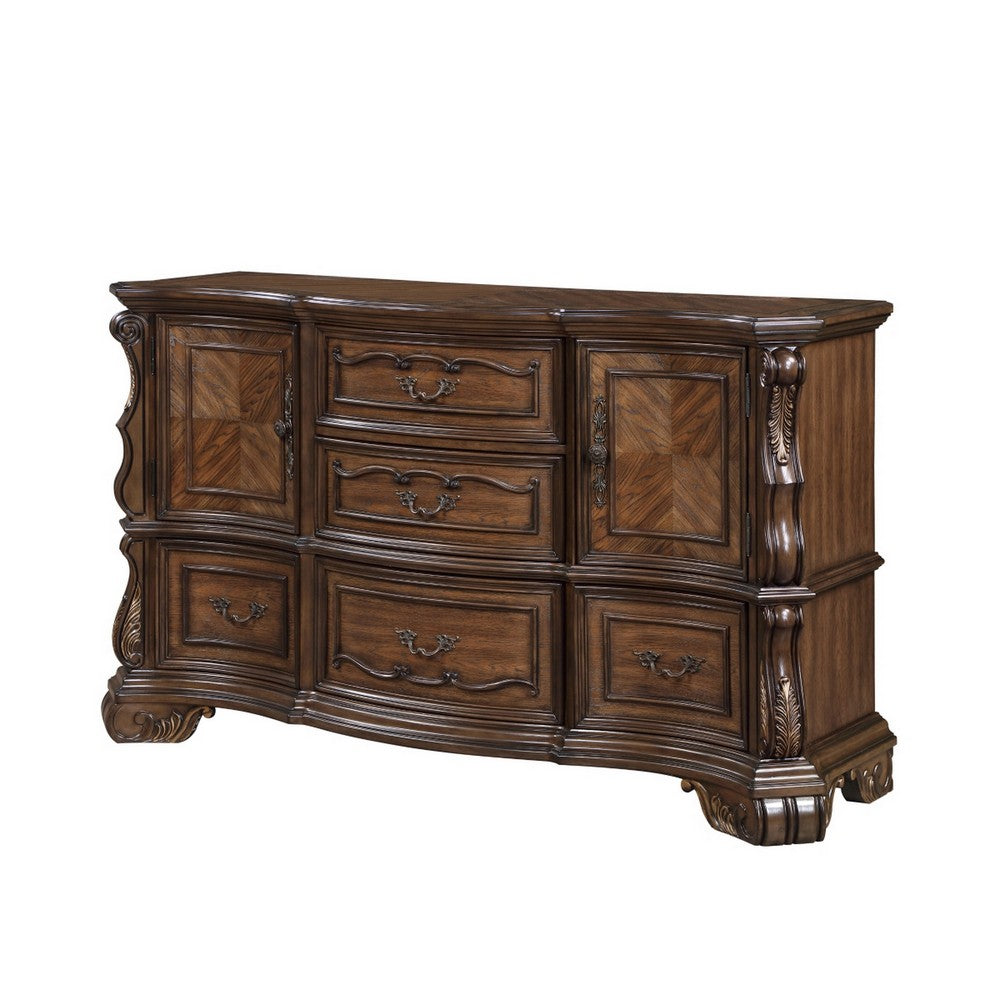 Gony Wide Dresser | 5 Drawers | 2 Cabinets | Traditional Carving | Dark Brown