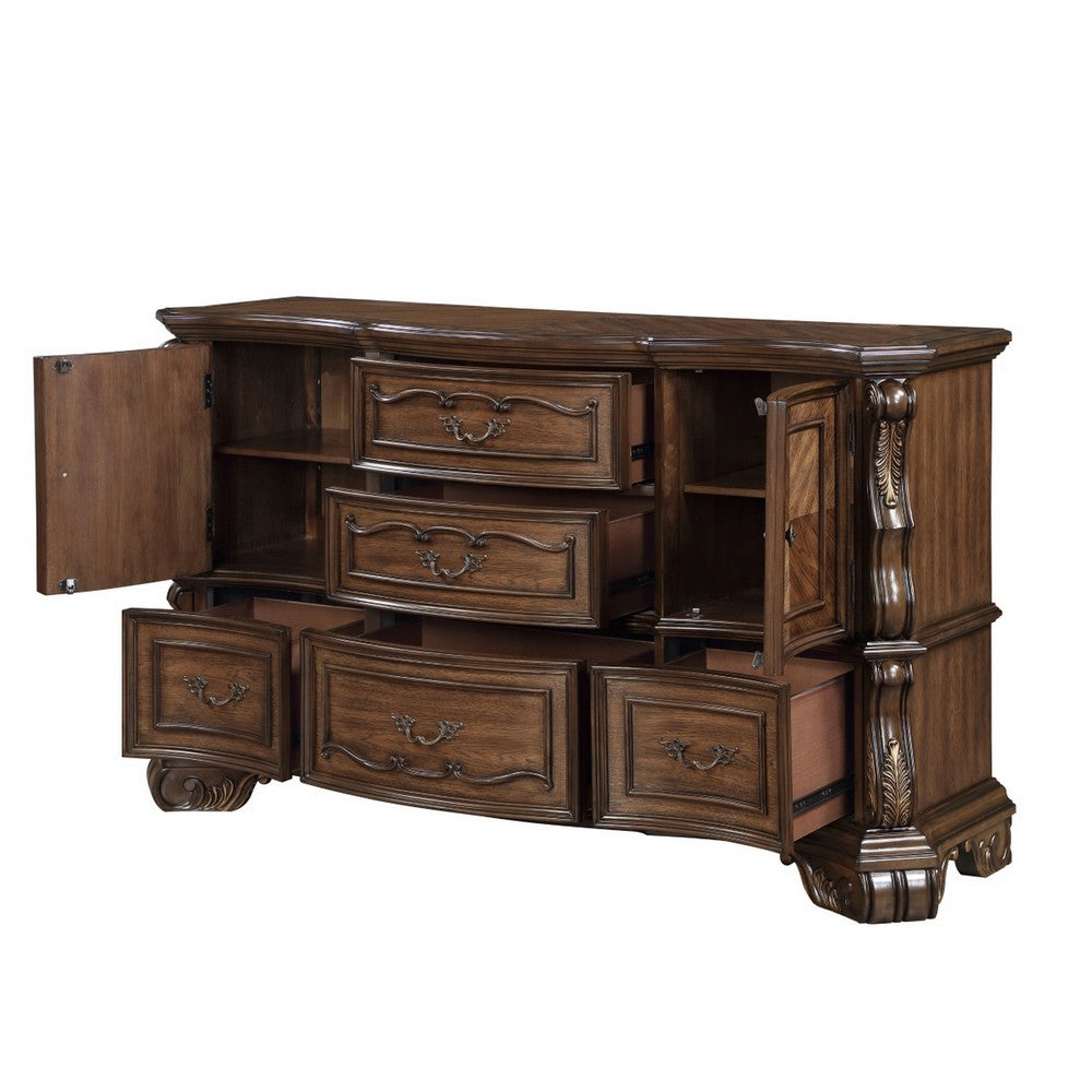 Gony Wide Dresser | 5 Drawers | 2 Cabinets | Traditional Carving | Dark Brown