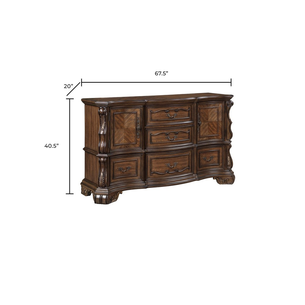 Gony Wide Dresser | 5 Drawers | 2 Cabinets | Traditional Carving | Dark Brown