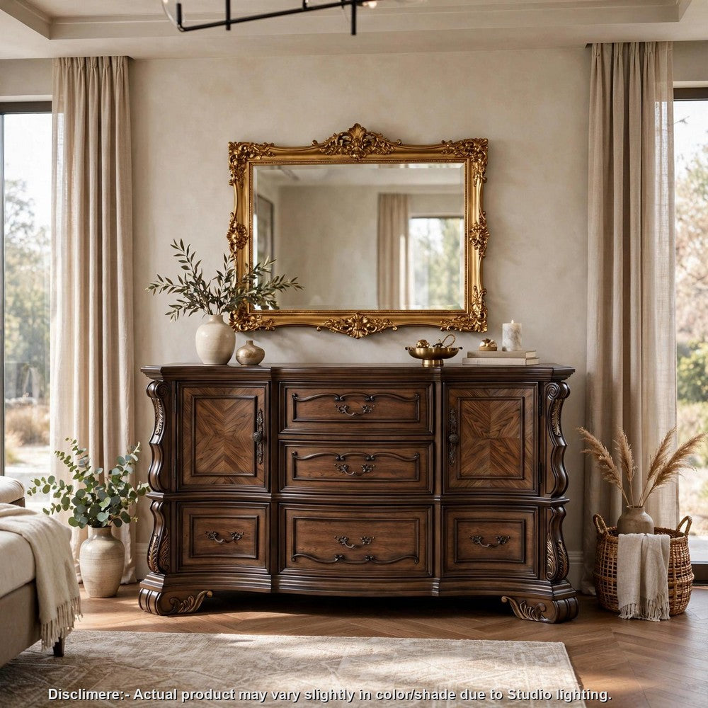 Gony Wide Dresser | 5 Drawers | 2 Cabinets | Traditional Carving | Dark Brown