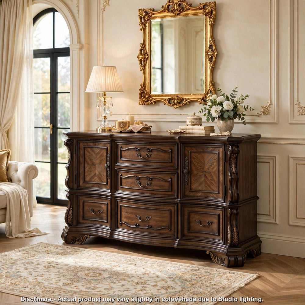 Gony Wide Dresser | 5 Drawers | 2 Cabinets | Traditional Carving | Dark Brown