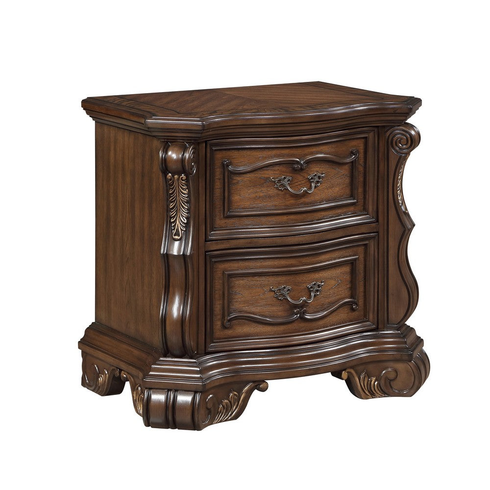 Gony Nightstand | 2 Drawers | Traditional Carving | Gold Accents | Dark Brown