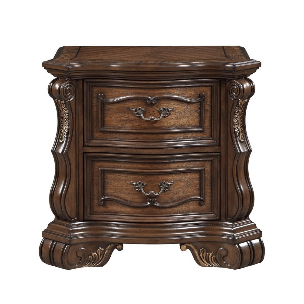 Gony Nightstand | 2 Drawers | Traditional Carving | Gold Accents | Dark Brown