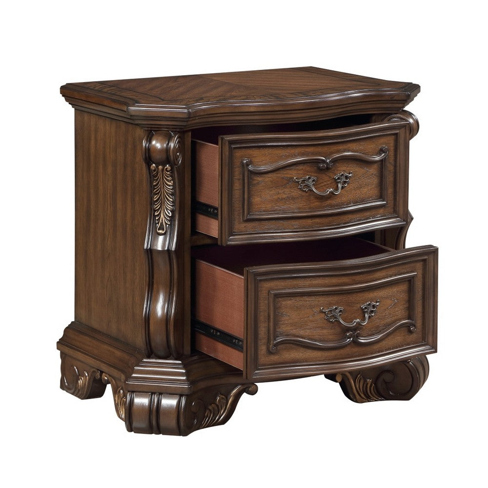 Gony Nightstand | 2 Drawers | Traditional Carving | Gold Accents | Dark Brown