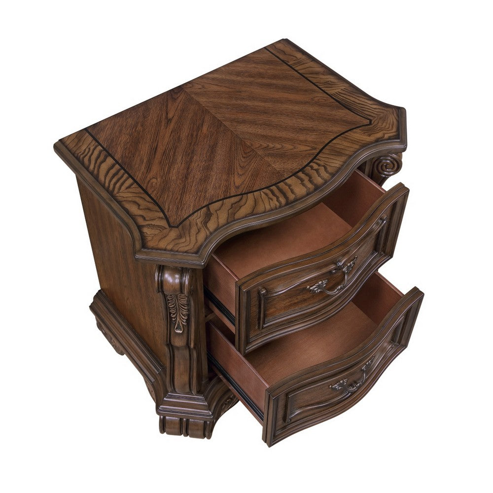 Gony Nightstand | 2 Drawers | Traditional Carving | Gold Accents | Dark Brown