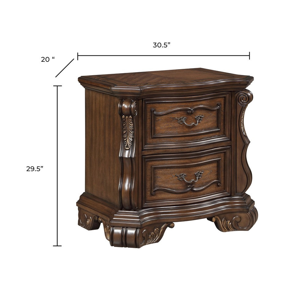 Gony Nightstand | 2 Drawers | Traditional Carving | Gold Accents | Dark Brown